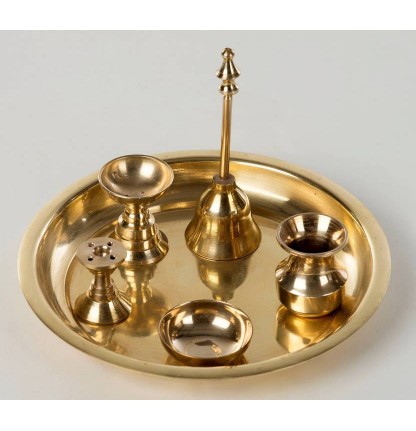 Brass Pooja Thali- 5 piece set with brass bell and diya